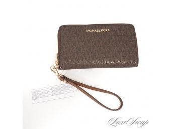 #13 BRAND NEW WITHOUT TAGS UNUSED AUTHENTIC MICHAEL KORS BROWN MONOGRAM GOLD FLORA PERFORATED CLUTCH WALLET