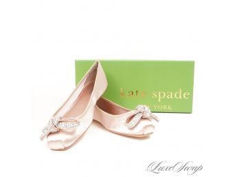 #1 BRAND NEW IN BOX KATE SPADE NEW YORK ROASTED PEANUT CHAMPAGNE SATIN 'FREYA' CRYSTAL BOW BALLET FLATS 9