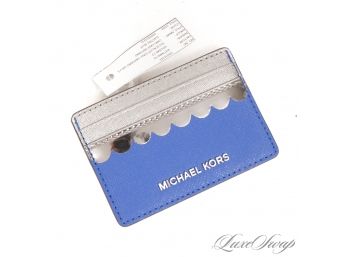 #5 BRAND NEW WITHOUT TAGS UNUSED AUTHENTIC MICHAEL KORS ELECTRIC BLUE PLATINUM SCALLOPED LEATHER CARD WALLET