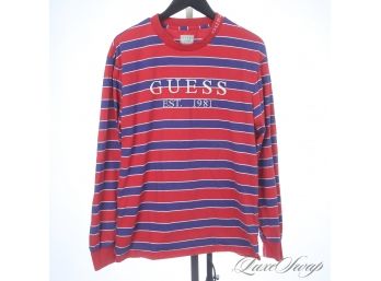ASAP ROCKY STEEZ : GUESS USA RED AND BLUE BLOCK STRIPED EMBROIDERED LOGO CREWNECK SHIRT M