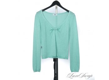 SPRING PERFECT : AUTHENTIC MOSCHINO JEANS MADE IN ITALY SEAFOAM SPARKLE INFUSED PLUNGING NECK SWEATER 8
