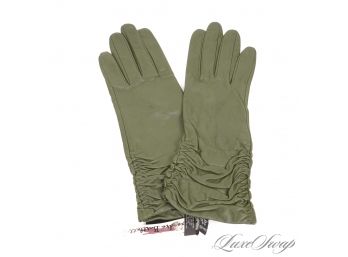 BRAND NEW WITH TAGS ALEXANDRA BARTLETT OLIVE GREEN NAPPA LEATHER RUCHED SILK LINED GLOVES M