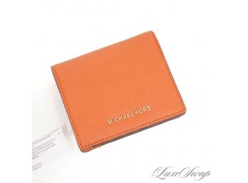 #9 BRAND NEW WITHOUT TAGS UNUSED AUTHENTIC MICHAEL KORS TANGERINE ORANGE SAFFIANO LEATHER FLAP WALLET
