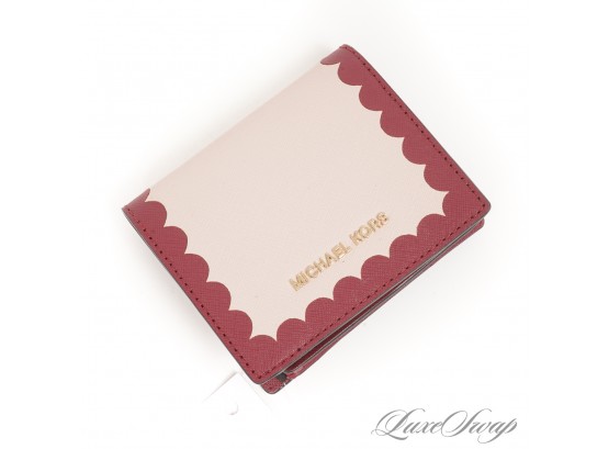 BRAND NEW WITHOUT TAGS AUTHENTIC MICHAEL KORS PINK SAFFIANO LEATHER AND CRANBERRY SCALLOPED EDGE WALLET