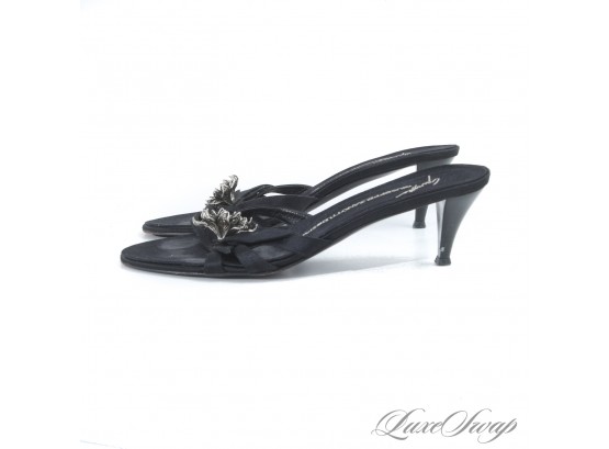 SO CUTE! GIUSEPPE ZANOTTI DESIGN MADE IN ITALY BLACK SATIN STRAPPY SANDALS WITH CRYSTAL FLORAL DETAIL 38