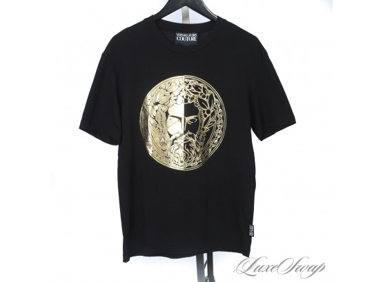 BRAND NEW WITH TAGS AUTHENTIC VERSACE JEANS COUTURE BLACK TEE SHIRT W/GOLD FOIL MYTHOLOGY GOD