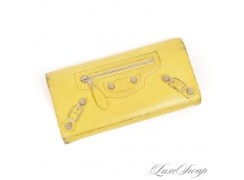 AUTHENTIC BALENCIAGA PARIS MUSTARD YELLOW CRACKLED LEATHER 'MOTORCYCLE' LONG CLUTCH WALLET