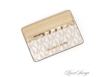 BRAND NEW WITHOUT TAGS AUTHENTIC MICHAEL KORS WHITE MK MONOGRAM AND GOLD SCALLOPED CARD CASE