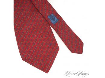 AUTHENTIC VINTAGE GUCCI MADE IN ITALY MENS RUBY RED SILK TIE WITH HORSEBIT GEOMETRIC CHAIN PRINT