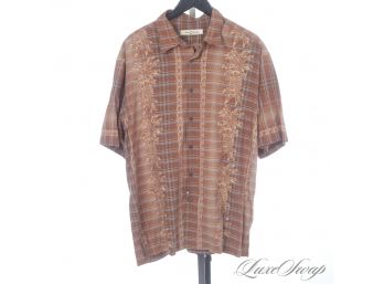 GUYS ITS BBQ SEASON, LETS GO! TOMMY BAHAMA 100 PERCENT SILK  BROWN GRID PLAID FLORAL OVERLAY CAMP SHIRT L
