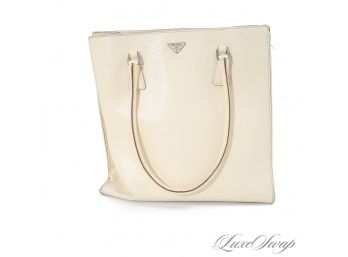 THE STAR OF THE SHOW! AUTHENTIC PRADA MADE IN ITALY BUTTERCREAM GRAINED LEATHER VERTICAL BOOK TOTE BAG