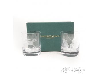 BRAND NEW IN BOX SET OF 2 POLO RALPH LAUREN 'THE POLO BAR' 13OZ ETCHED CRYSTAL PONY WHISKEY GLASSES