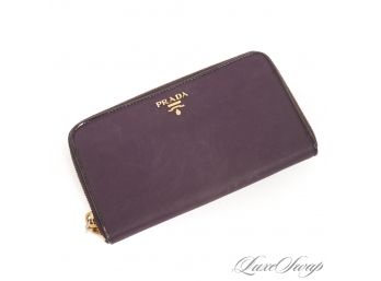 THE STAR OF THE SHOW! AUTHENTIC PRADA MADE IN ITALY AUBERGINE MICROFIBER PATENT TRIM ZIPAROUND LONG WALLET