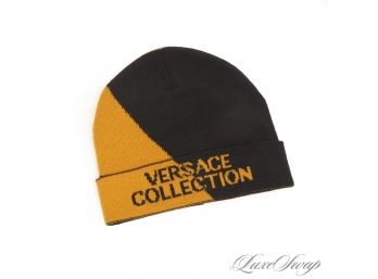 BRAND NEW WITH TAGS AUTHENTIC VERSACE COLLECTION GOLD AND BLACK LOGO KNITTED BEANIE HAT