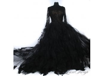 THIS AUCTION OPENS WITH A *BANG*! A $7000 OSCAR DE LA RENTA COUTURE BLACK EMBROIDERED SILK EVENING GOWN