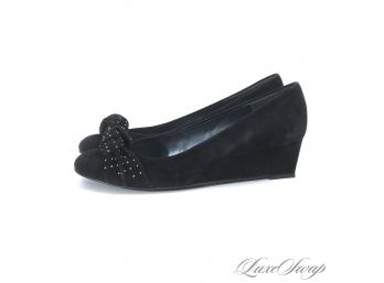 LIKE NEW STUART WEITZMAN BLACK SUEDE KITTEN WEDGE SOLE SHOES WITH TURBAN KNOT AND STUDS! 8.5