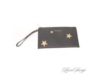 BRAND NEW WITHOUT TAGS AUTHENTIC MICHAEL KORS BLACK SAFFIANO LEATHER AND GOLD GLITTER STARS WRISTLET CLUTCH
