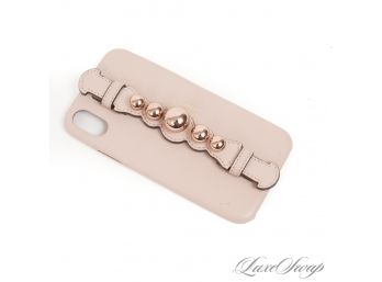 AUTHENTIC FENDI MADE IN ITALY PEACH INFUSED NUDE LEATHER ROSE GOLD STUDDED IPHONE CASE