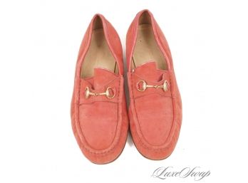 WHAT A COLOR! AUTHENTIC GUCCI MADE IN ITALY CORAL WATERMELON NUBUCK SUEDE WOMENS HORSEBIT LOAFERS 38