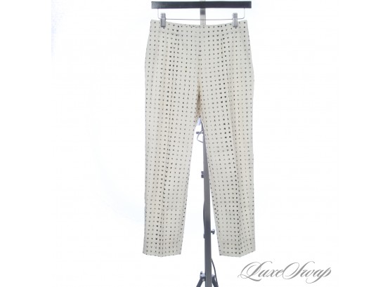 NAMED AFTER HEPBURN! PIAZZA SEMPIONE MADE IN ITALY 'AUDREY' CREAM TAPERED STRETCH PANTS WITH DASH PRINT 40