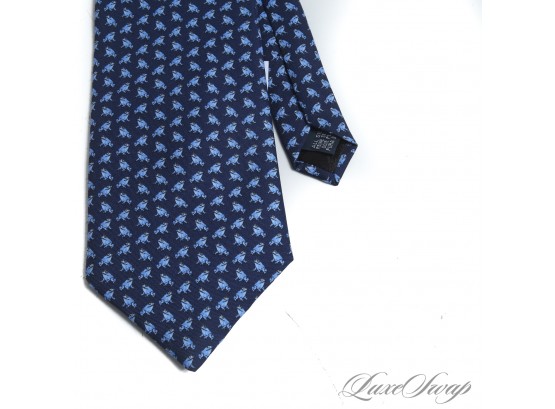 #5 AUTHENTIC AND LIKE NEW BURBERRY MADE IN ENGLAND MENS SILK TIE IN A NAVY GROUND WITH CHEERFUL FROG MOTIF