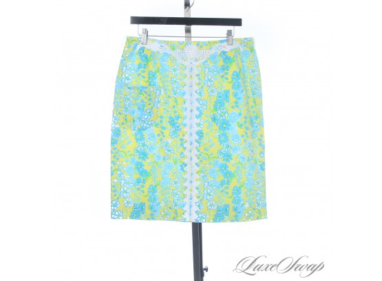 RARE VINTAGE 1970S LILLY PULITZER LEMON YELLOW AND BLUE FLORAL SKIRT WITH LACE CENTER TRIM