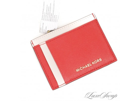 #2 BRAND NEW WITHOUT TAGS UNUSED AUTHENTIC MICHAEL KORS BRIGHT RED PINK SAFFIANO LEATHER CARD WALLET