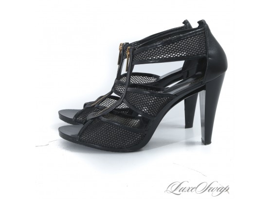 FILE UNDER CUTE : MICHAEL KORS BLACK LEATHER MESH PERFORATED FRONT ZIP STRAPPY SHOES