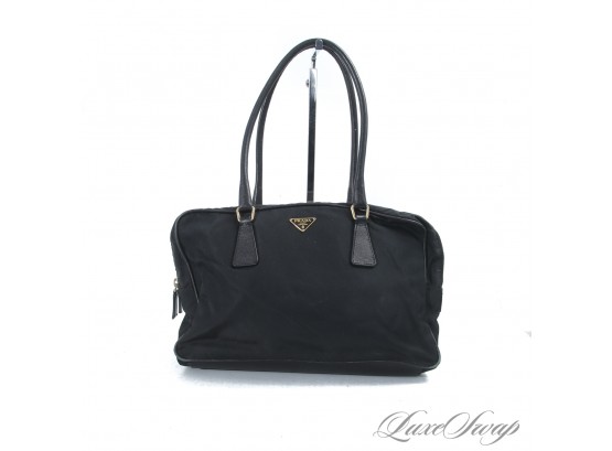 THE STAR OF THE SHOW! AUTHENTIC PRADA MADE IN ITALY BLACK NYLON RECTANGULAR 12' BAG WITH GOLD PLAQUE HARDWARE