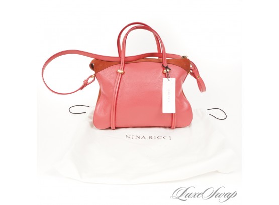 STUNNING FOR SUMMER : BRAND NEW WITH TAGS NINA RICCI MADE IN ITALY CORAL PINK DRUMMED LEATHER SAC BAG