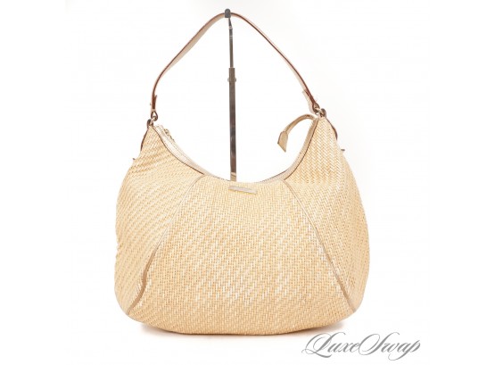 PERFECT FOR SUMMER! AUTHENTIC KATE SPADE NEW YORK NATURAL STRAW GOLD LEATHER TRIM ZIP TOP HOBO BAG