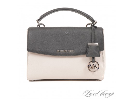 AUTHENTIC MICHAEL KORS PUTTY GREY AND BLACK SAFFIANO LEATHER FLAP BAG