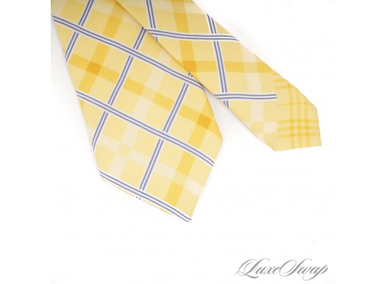 THE SUMMER UPDATE OF A WORLDWIDE CLASSIC! AUTHENTIC BURBERRY MADE IN ITALY LEMON YELLOW TARTAN PLAID SILK TIE