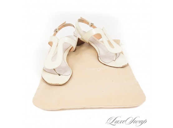 AGAIN, LOVING THE RETRO VIBE HERE! SERGIO ROSSI MADE IN ITALY CREAM CRACKLED PATENT LEATHER THONG SANDALS 38