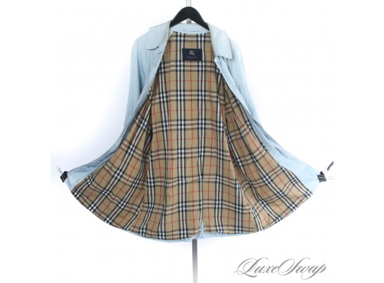 SPRING SIGNATURE : AUTHENTIC BURBERY LONDON 'ISEL' SKY BLUE UNSTRUCTURED RAGLAN COAT WITH TARTAN LINING 12