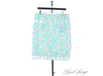 RARE VINTAGE 1970S LILLY PULITZER BABY BLUE LEAF GREEN AND PINK FLORAL SKIRT WITH LACE TRIM POCKETS