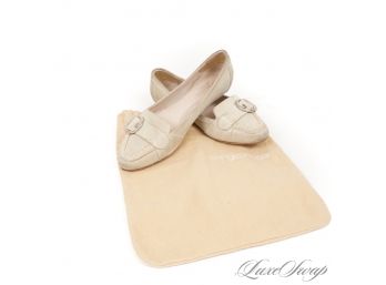 THE PERFECT SUMMER LOAFER! SERGIO ROSSI MADE IN ITALY BEIGE SUEDE RING BUCKLE FLAT LOAFERS 38