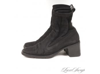SO CUTE WITH JEANS! GUCCI MADE IN ITALY BLACK SUEDE STRETCH ANKLE BOOTIES WITH CHUNKY HEELS