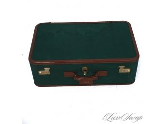 COLLECTORS ITEM : RARE T. ANTHONY LTD. EMERALD GREEN CANVAS LARGE 25.5' TRUNK SUITCASE WITH LEATHER TRIM