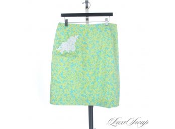 RARE VINTAGE 1970S LILLY PULITZER LEMON YELLOW AND BLUE GREEN FLORAL SKIRT WITH LACE SINGLE POCKET