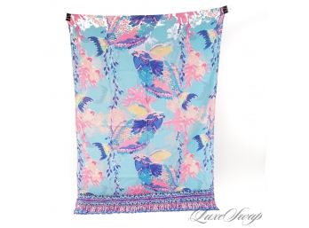 #2 LIKE NEW WITHOUT TAGS LILLY PULITZER CORAL PINK AND AQUA BLUE SEALIFE UNDERWATER PRINT LARGE SHAWL WRAP