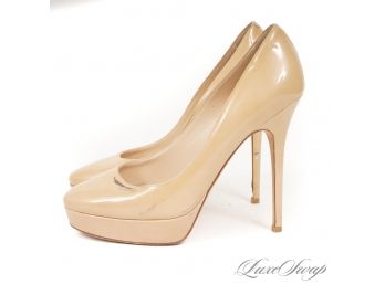 SKY HIGH! SUPER TALL AUTHENTIC JIMMY CHOO NUDE PATENT LEATHER STILETTO PLATFORM SHOES 39