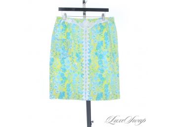 RARE VINTAGE 1970S LILLY PULITZER LEMON YELLOW AND BLUE FLORAL SKIRT WITH LACE CENTER TRIM