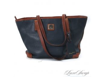 CANT MESS WITH A CLASSIC! AUTHENTIC DOONEY & BOURKE PETROL BLUE PEBBLED LEATHER BROWN TRIM BIG 16' TOTE BAG