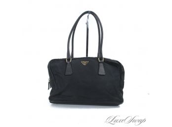 THE STAR OF THE SHOW! AUTHENTIC PRADA MADE IN ITALY BLACK NYLON RECTANGULAR 12' BAG WITH GOLD PLAQUE HARDWARE