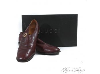 RARE SCORE! VINTAGE 1980S OR EARLIER GUCCI MADE IN ITALY CORDOVAN NAPPA LEATHER MONKSTRAP SHOES W/ GOLD GG 38