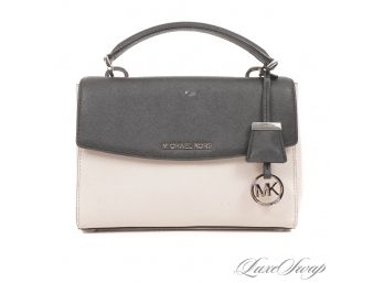 AUTHENTIC MICHAEL KORS PUTTY GREY AND BLACK SAFFIANO LEATHER FLAP BAG