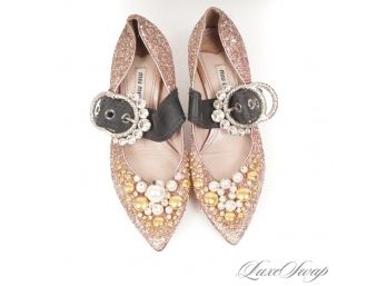 BLING LEVEL 1000 : MIU MIU BY PRADA MADE IN ITALY FULL PINK GLITTER, PEARL, AND STUD ENCRUSTED SHOES WOW! 37.5