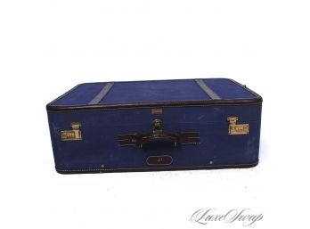 COLLECTORS ITEM : RARE T. ANTHONY LTD. NAVY BLUE CANVAS LARGE 28.5' TRUNK SUITCASE WITH LEATHER TRIM