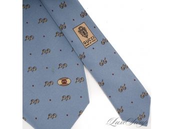 WE GET ASKED FOR THESE ALL THE TIME : VINTAGE GUCCI MADE IN ITALY MENS BLUE SILK TIE WITH HORSEBIT MOTIF